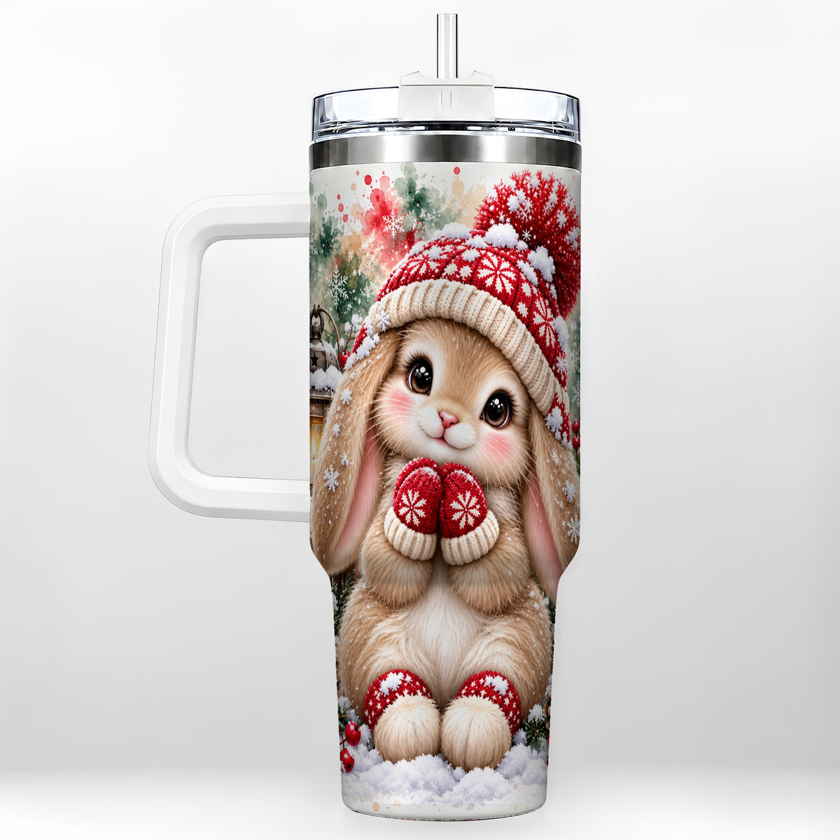 Christmas Bunny 40oz Tumbler with Handle, Winter Rabbit Drinkware