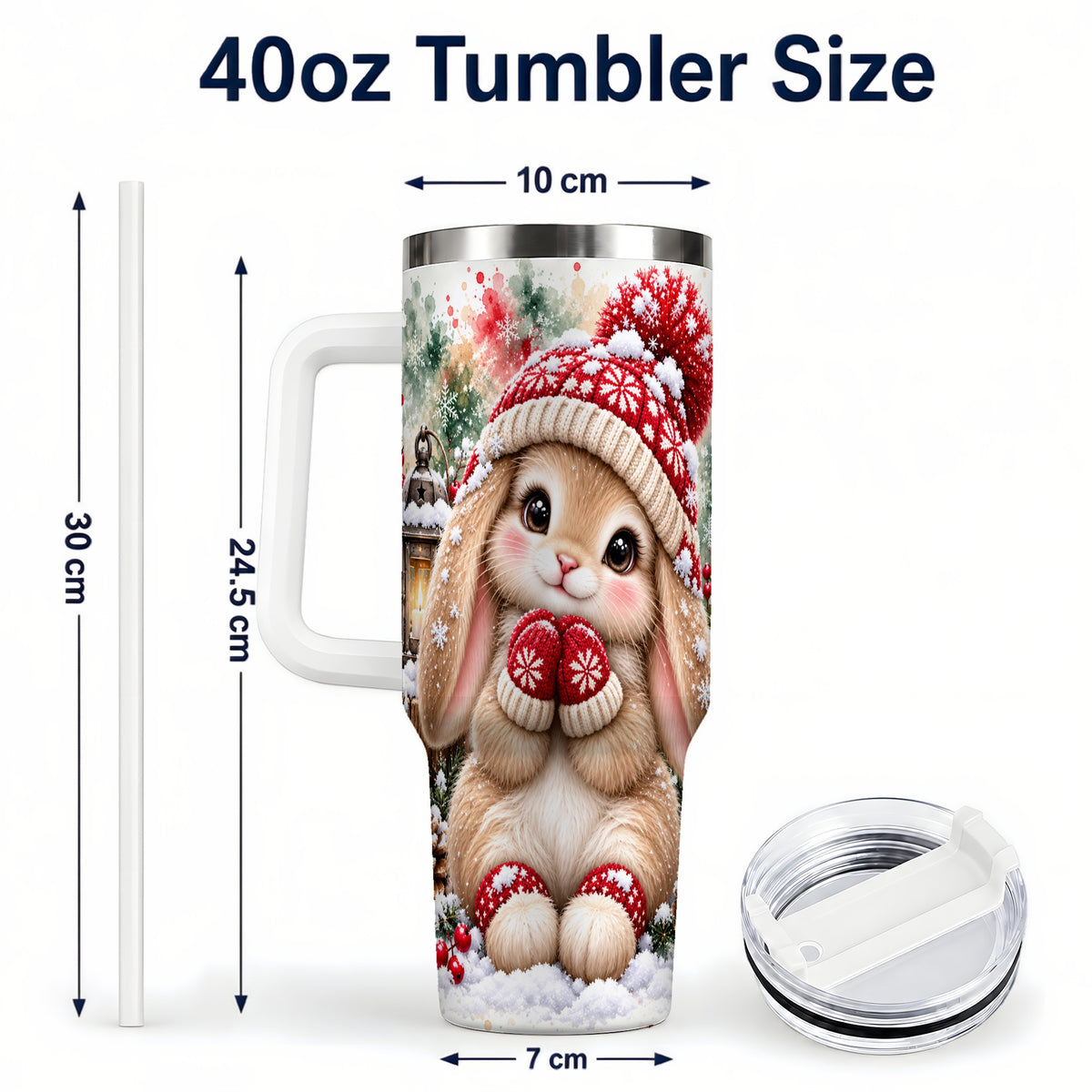 #pl[40oz|White] Christmas Bunny 40oz Tumbler with Handle, Winter Rabbit Drinkware