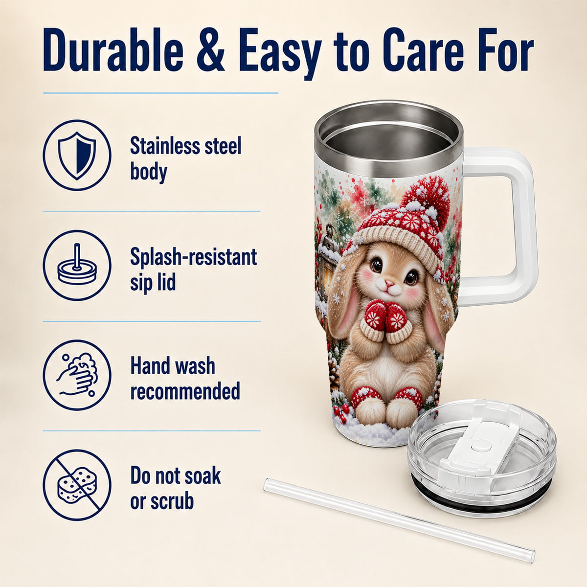 Christmas Bunny 40oz Tumbler with Handle, Winter Rabbit Drinkware