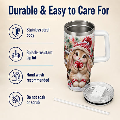 Christmas Bunny 40oz Tumbler with Handle, Winter Rabbit Drinkware