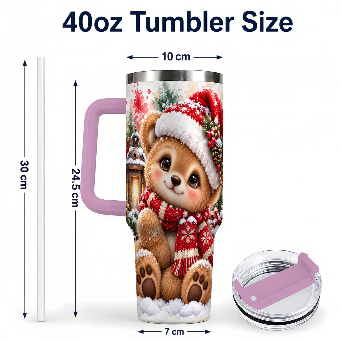 #pl[40oz|Pink] Christmas Teddy Bear 40oz Tumbler with Handle, Santa Bear Drinkware