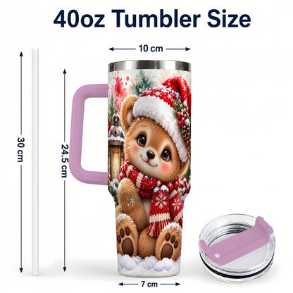 #pl[40oz|Pink] Christmas Teddy Bear 40oz Tumbler with Handle, Santa Bear Drinkware