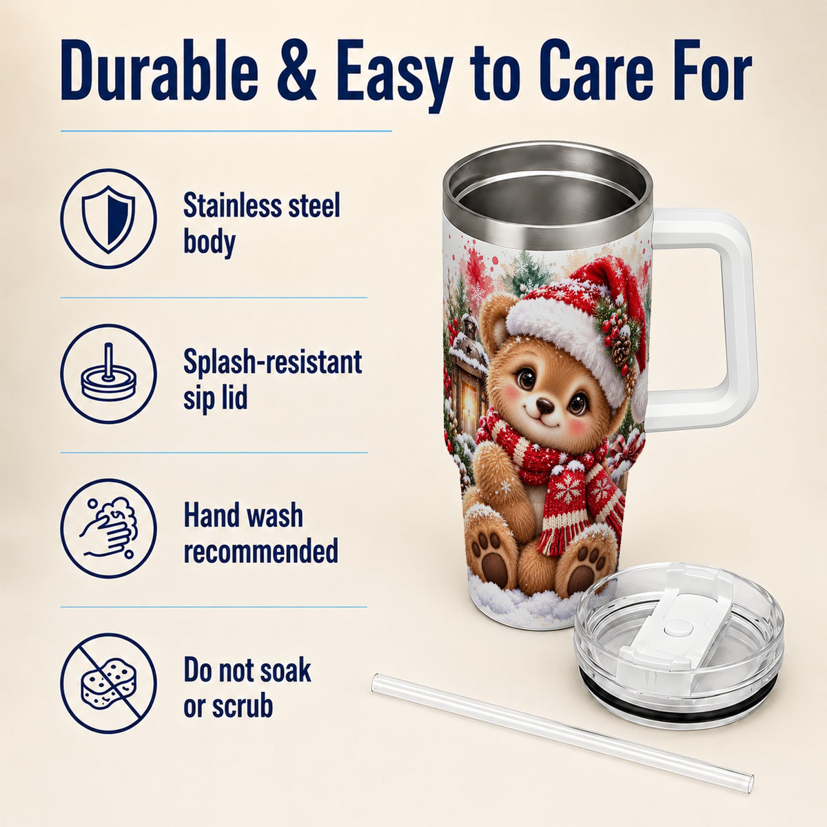 Christmas Teddy Bear 40oz Tumbler with Handle, Santa Bear Drinkware