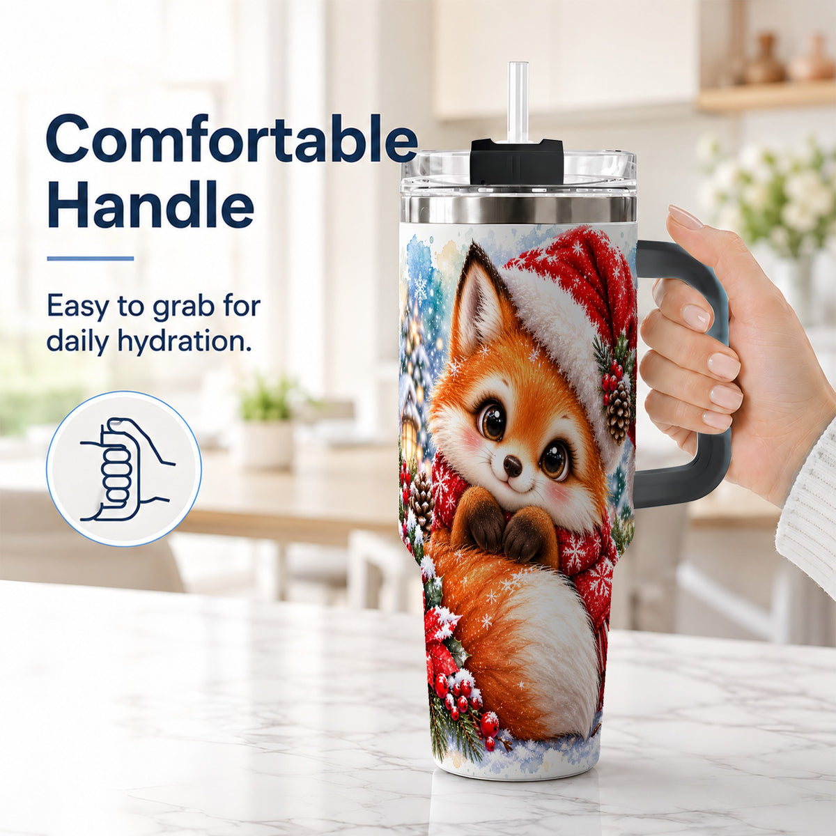 #pl[40oz|Black] Christmas Fox 40oz Tumbler with Handle, Winter Woodland Drinkware
