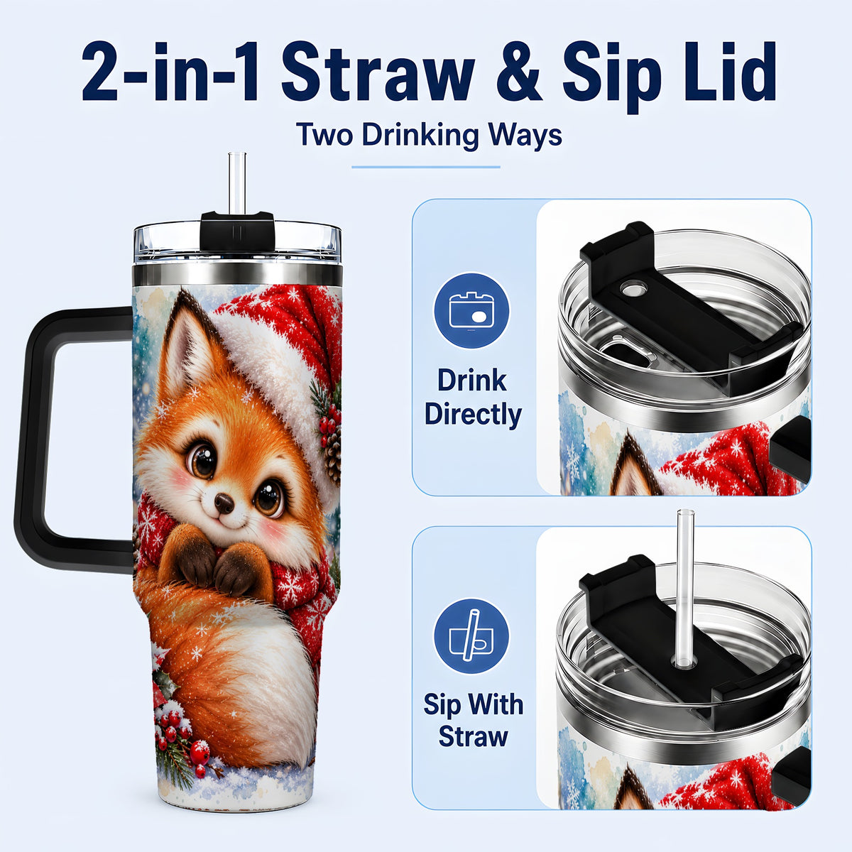 #pl[40oz|Black] Christmas Fox 40oz Tumbler with Handle, Winter Woodland Drinkware
