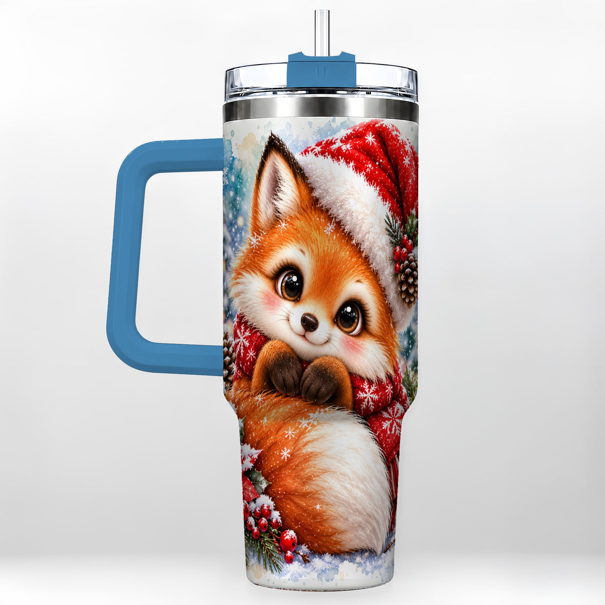 #pl[40oz|Blue] Christmas Fox 40oz Tumbler with Handle, Winter Woodland Drinkware