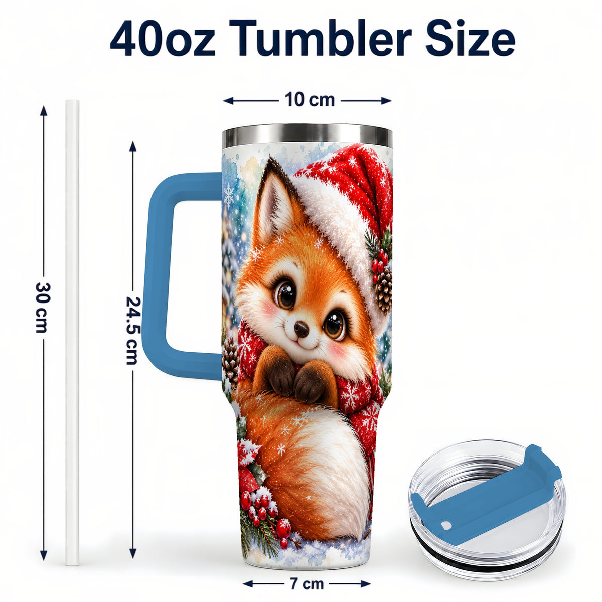 #pl[40oz|Blue] Christmas Fox 40oz Tumbler with Handle, Winter Woodland Drinkware