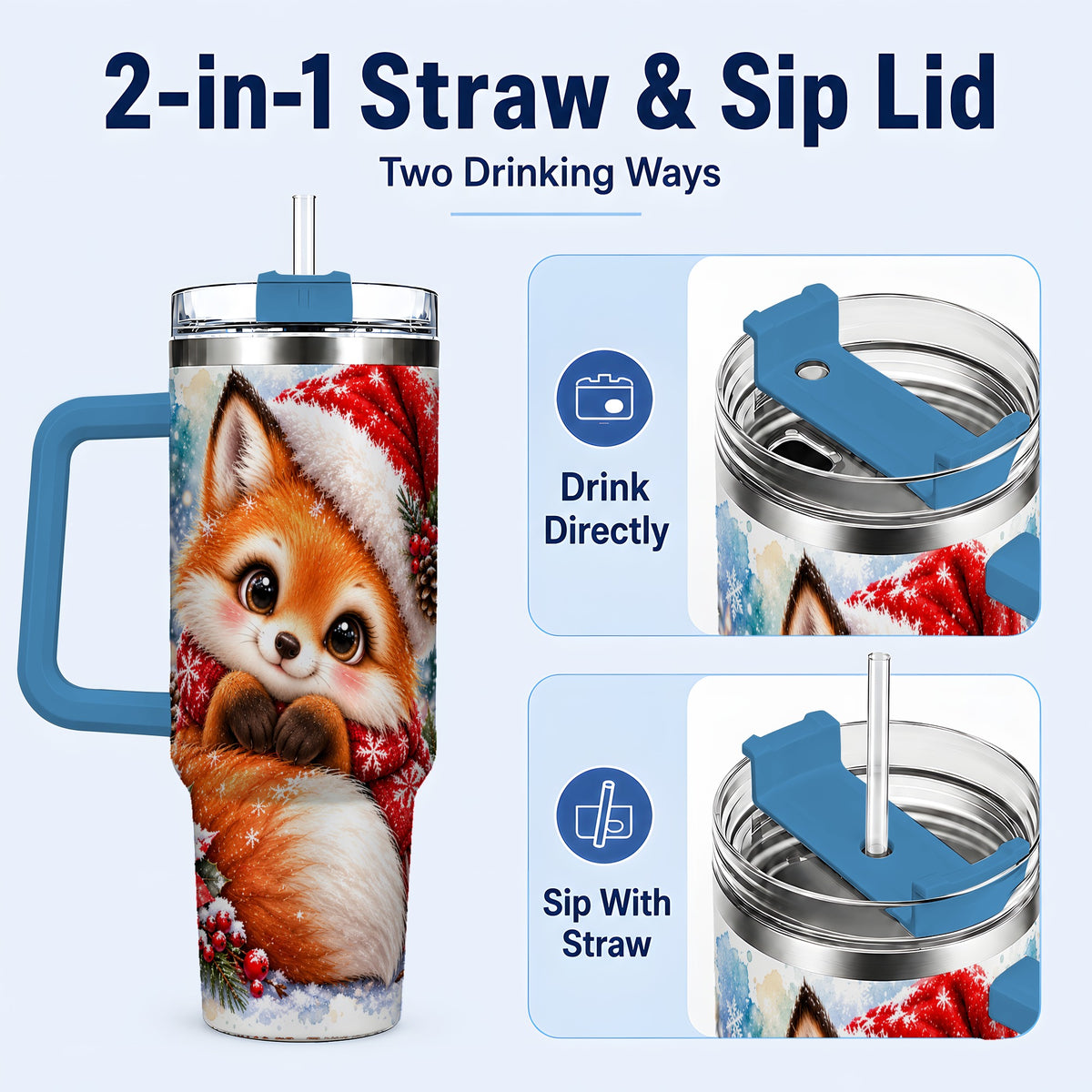 #pl[40oz|Blue] Christmas Fox 40oz Tumbler with Handle, Winter Woodland Drinkware
