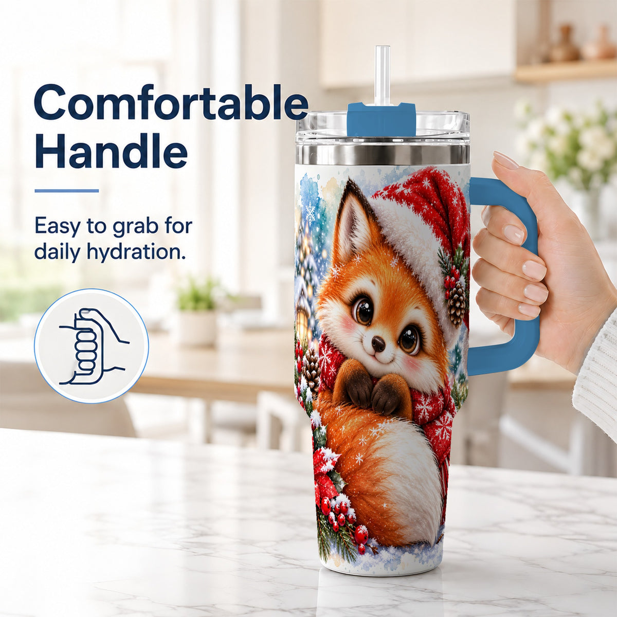 #pl[40oz|Blue] Christmas Fox 40oz Tumbler with Handle, Winter Woodland Drinkware