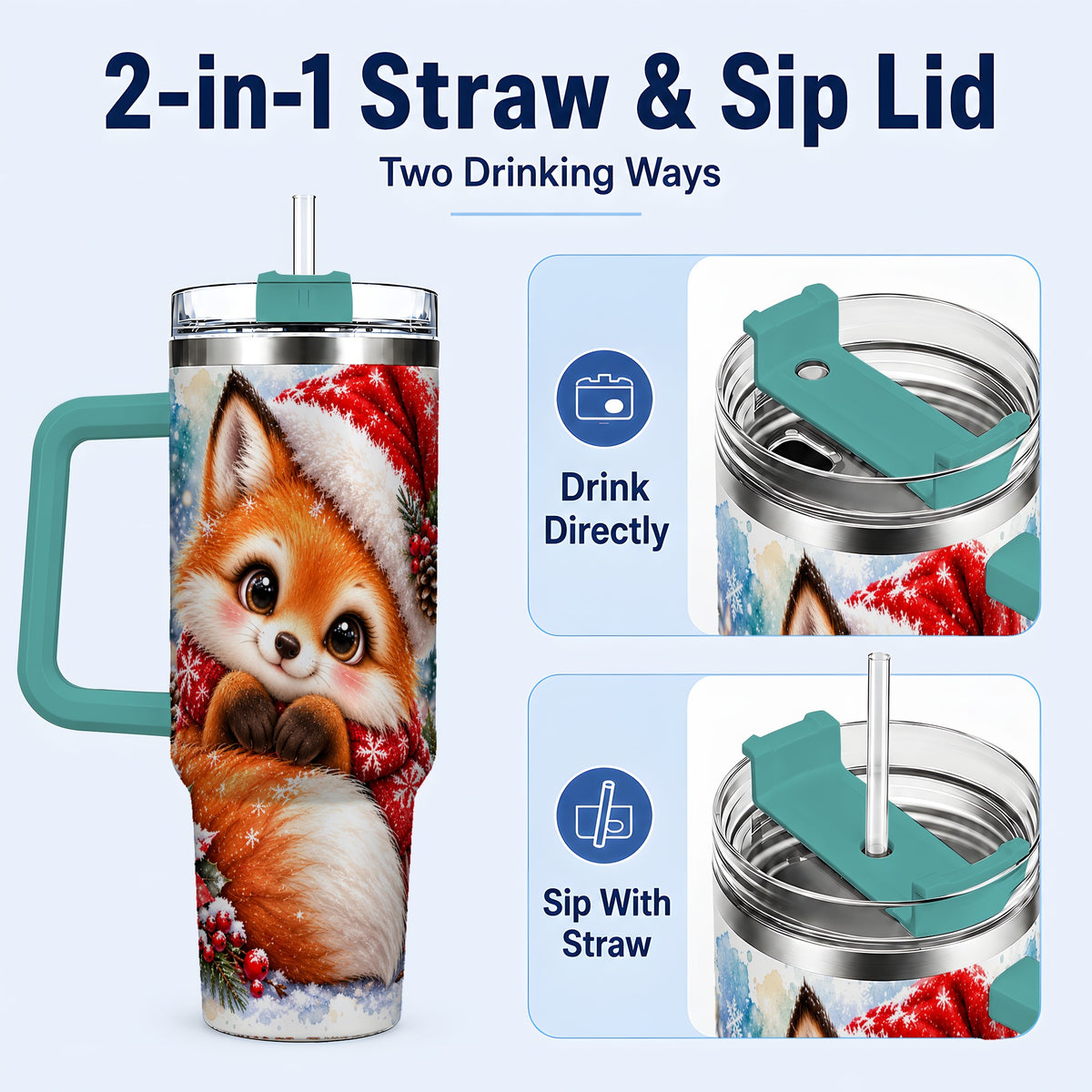 #pl[40oz|Green] Christmas Fox 40oz Tumbler with Handle, Winter Woodland Drinkware