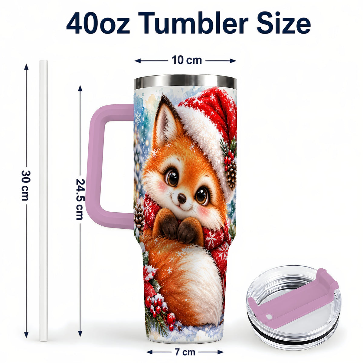 #pl[40oz|Pink] Christmas Fox 40oz Tumbler with Handle, Winter Woodland Drinkware
