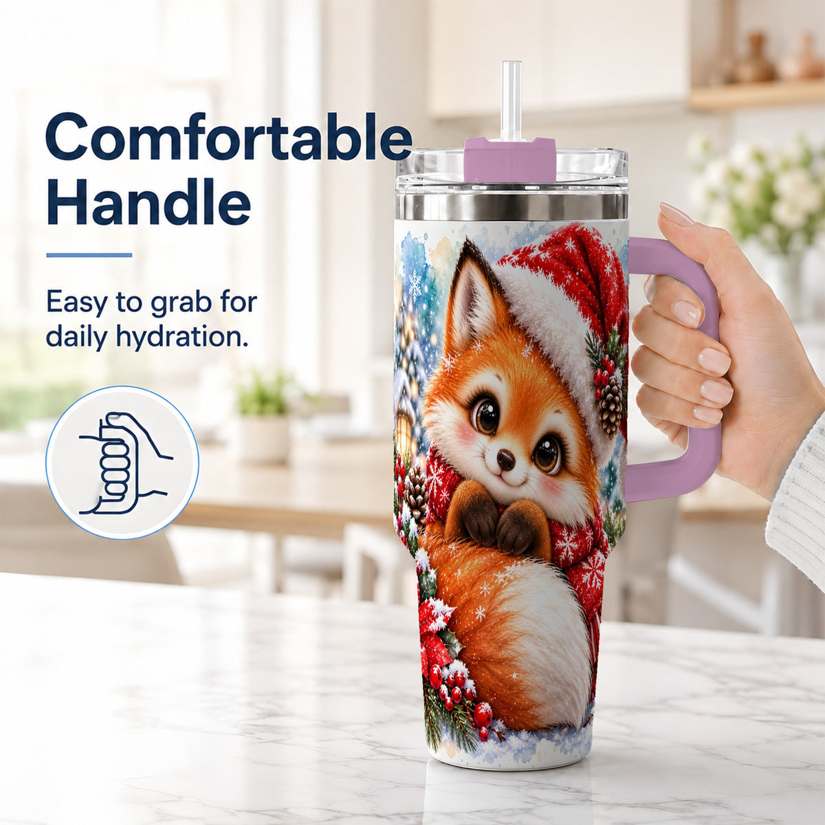 #pl[40oz|Pink] Christmas Fox 40oz Tumbler with Handle, Winter Woodland Drinkware