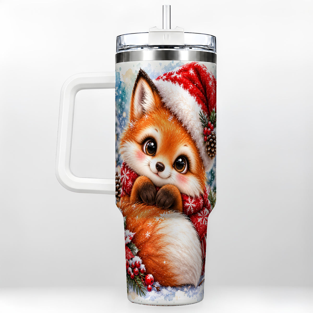 Christmas Fox 40oz Tumbler with Handle, Winter Woodland Drinkware