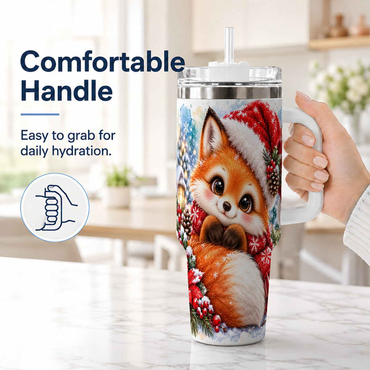 #pl[40oz|White] Christmas Fox 40oz Tumbler with Handle, Winter Woodland Drinkware