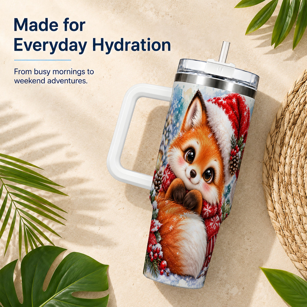 Christmas Fox 40oz Tumbler with Handle, Winter Woodland Drinkware