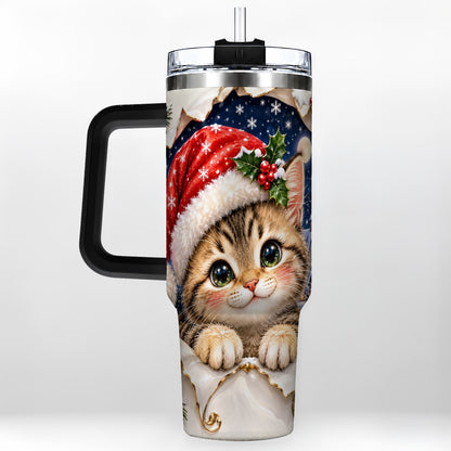 #pl[40oz|Black] Christmas Kitten 40oz Tumbler with Handle, Santa Cat Holiday Drinkware