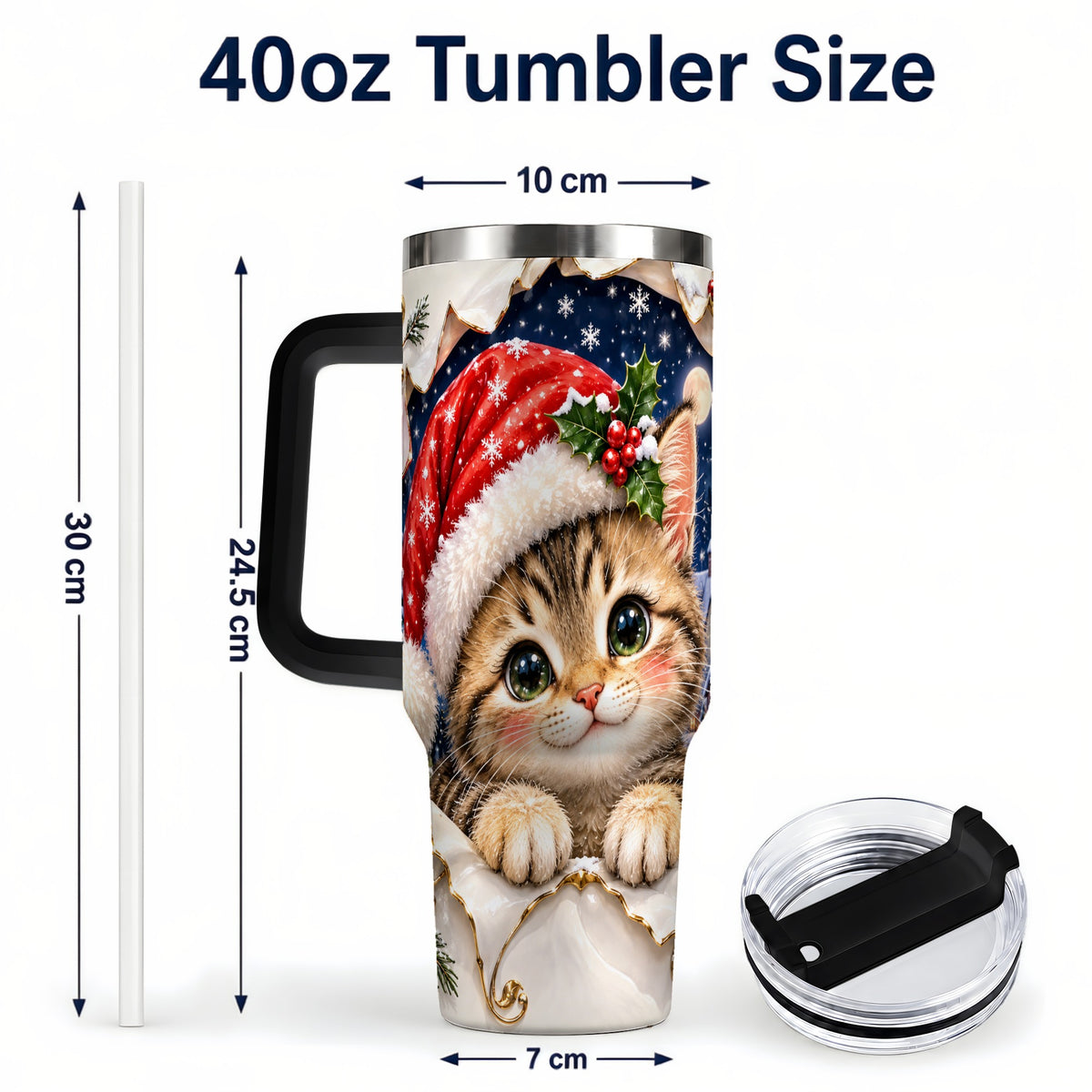 #pl[40oz|Black] Christmas Kitten 40oz Tumbler with Handle, Santa Cat Holiday Drinkware