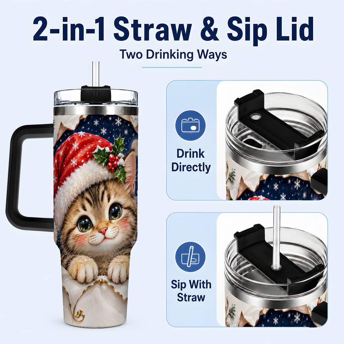 #pl[40oz|Black] Christmas Kitten 40oz Tumbler with Handle, Santa Cat Holiday Drinkware
