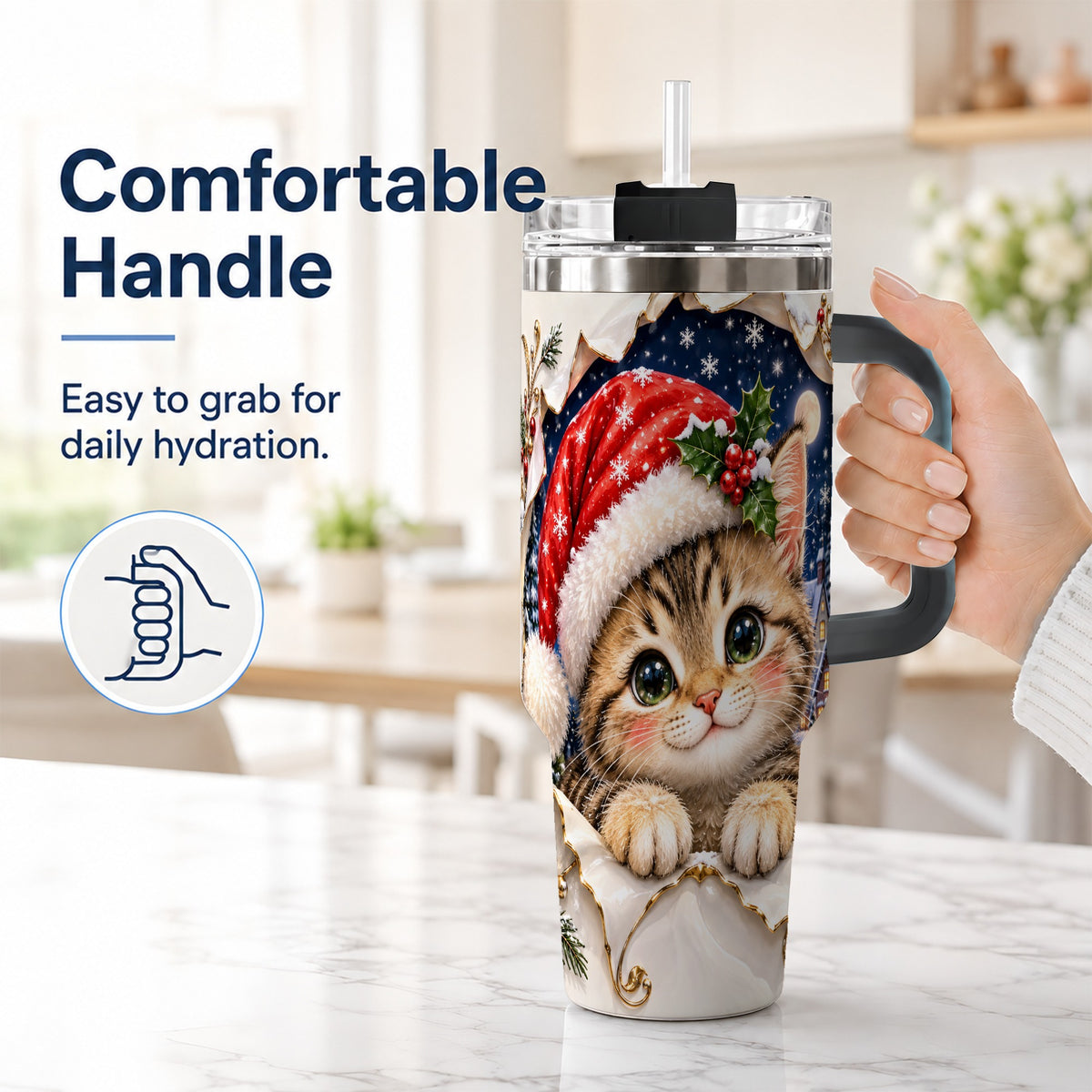 #pl[40oz|Black] Christmas Kitten 40oz Tumbler with Handle, Santa Cat Holiday Drinkware