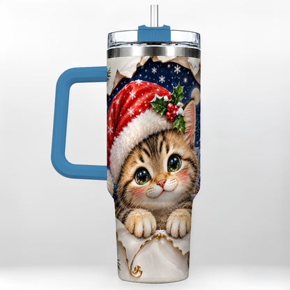 #pl[40oz|Blue] Christmas Kitten 40oz Tumbler with Handle, Santa Cat Holiday Drinkware