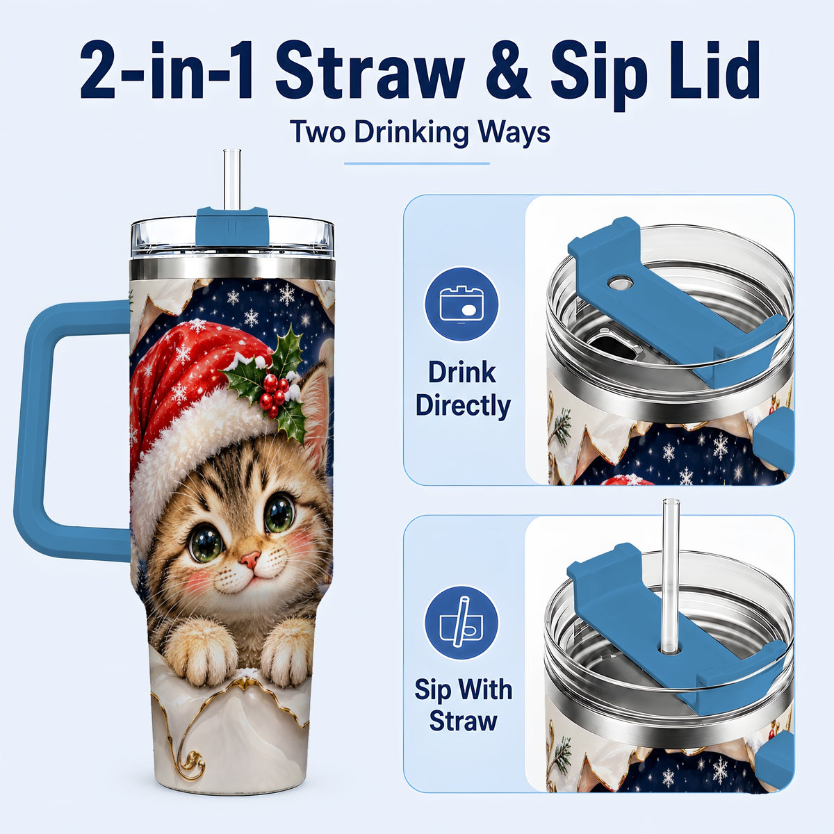 #pl[40oz|Blue] Christmas Kitten 40oz Tumbler with Handle, Santa Cat Holiday Drinkware
