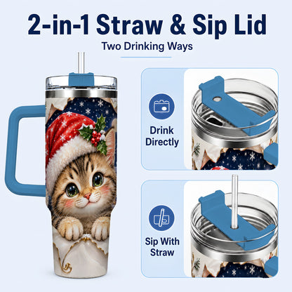 #pl[40oz|Blue] Christmas Kitten 40oz Tumbler with Handle, Santa Cat Holiday Drinkware