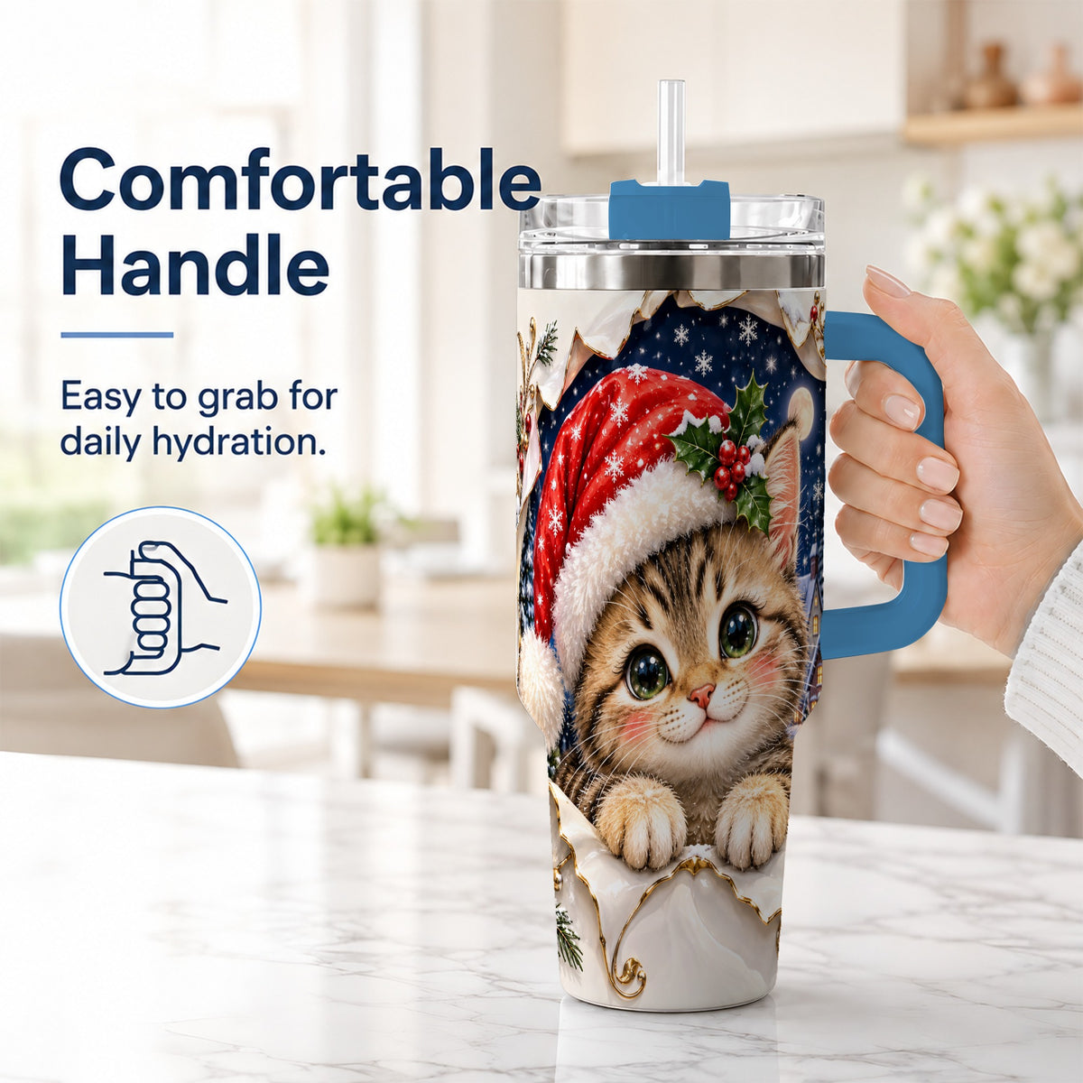 #pl[40oz|Blue] Christmas Kitten 40oz Tumbler with Handle, Santa Cat Holiday Drinkware