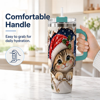 #pl[40oz|Green] Christmas Kitten 40oz Tumbler with Handle, Santa Cat Holiday Drinkware