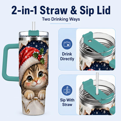#pl[40oz|Green] Christmas Kitten 40oz Tumbler with Handle, Santa Cat Holiday Drinkware