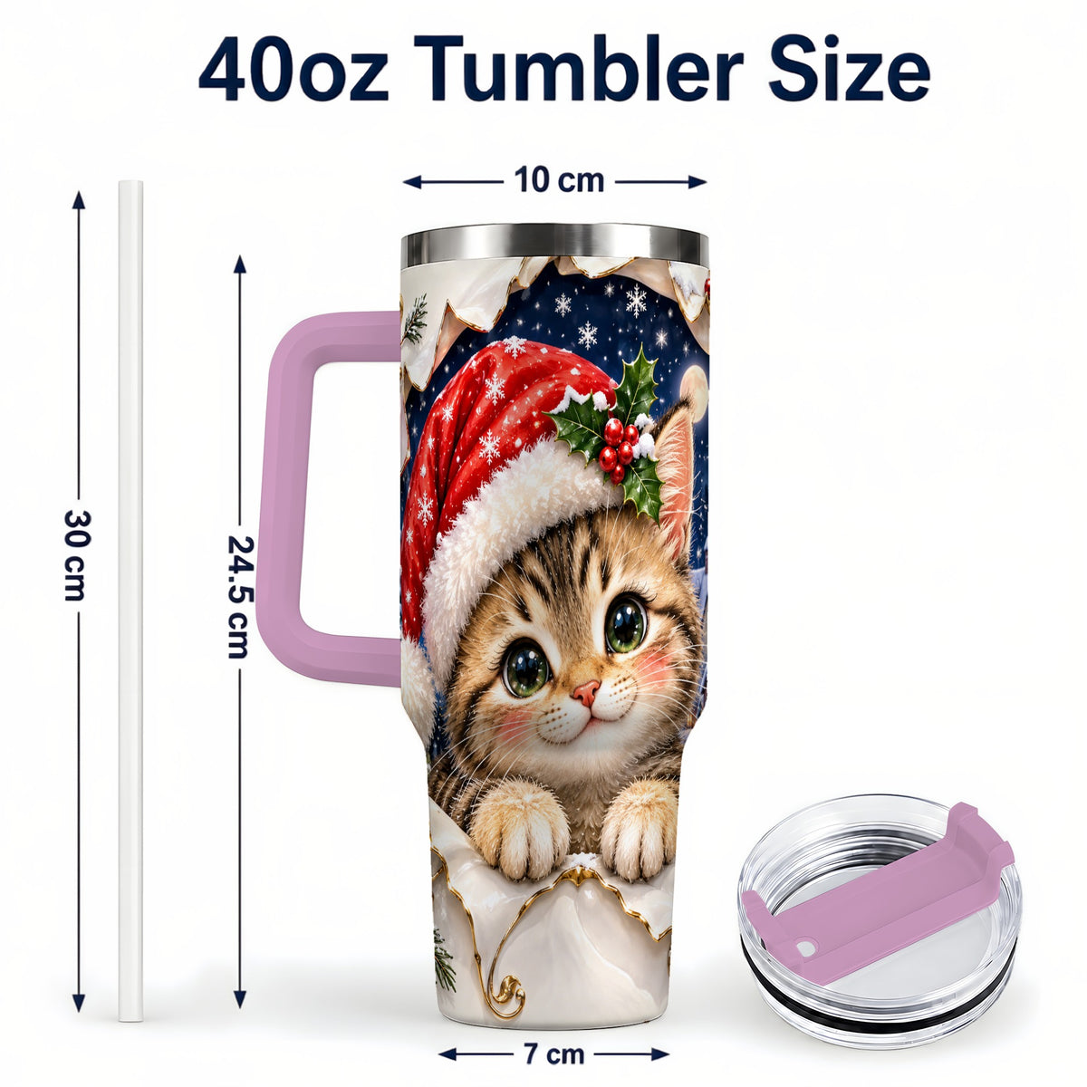 #pl[40oz|Pink] Christmas Kitten 40oz Tumbler with Handle, Santa Cat Holiday Drinkware