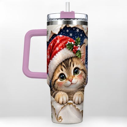 #pl[40oz|Pink] Christmas Kitten 40oz Tumbler with Handle, Santa Cat Holiday Drinkware
