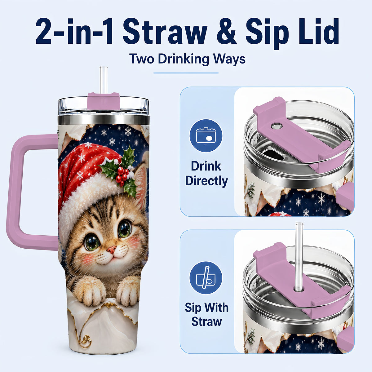 #pl[40oz|Pink] Christmas Kitten 40oz Tumbler with Handle, Santa Cat Holiday Drinkware