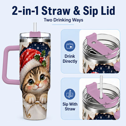 #pl[40oz|Pink] Christmas Kitten 40oz Tumbler with Handle, Santa Cat Holiday Drinkware