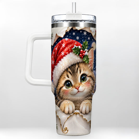 Christmas Kitten 40oz Tumbler with Handle, Santa Cat Holiday Drinkware