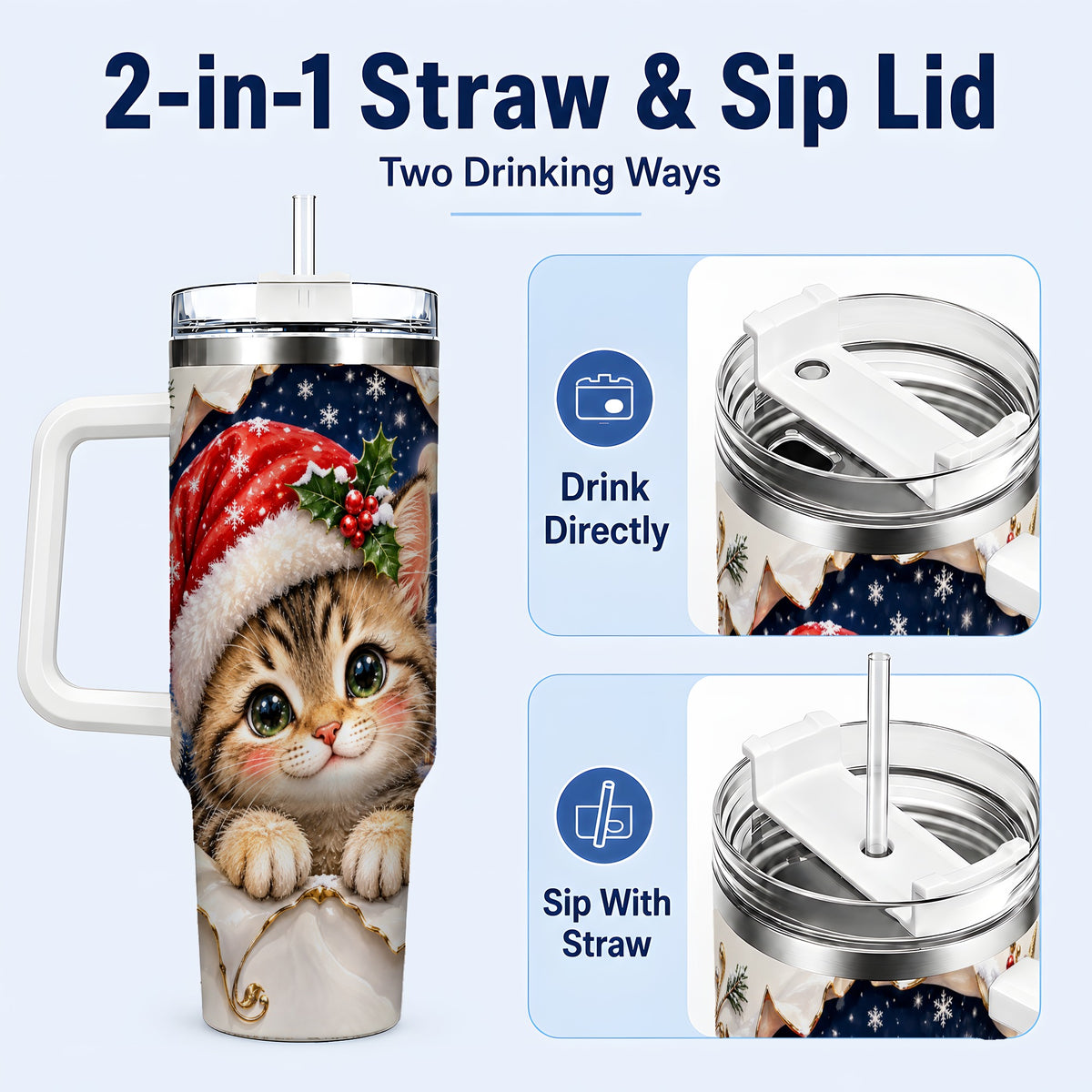 #pl[40oz|White] Christmas Kitten 40oz Tumbler with Handle, Santa Cat Holiday Drinkware