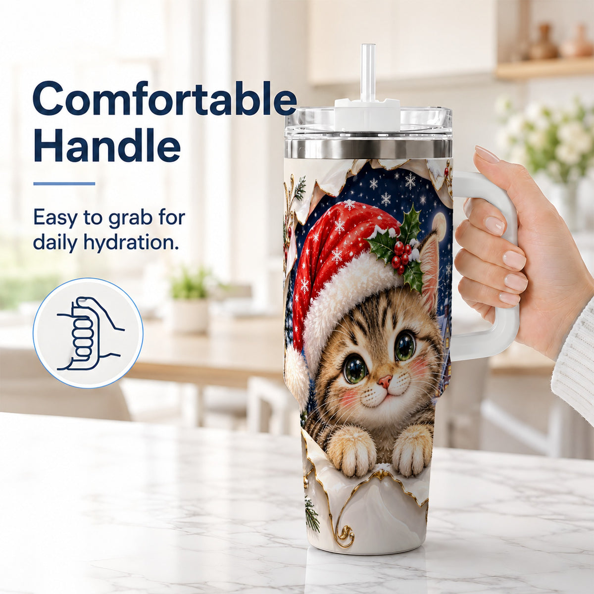 #pl[40oz|White] Christmas Kitten 40oz Tumbler with Handle, Santa Cat Holiday Drinkware