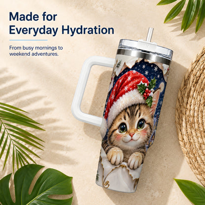 Christmas Kitten 40oz Tumbler with Handle, Santa Cat Holiday Drinkware