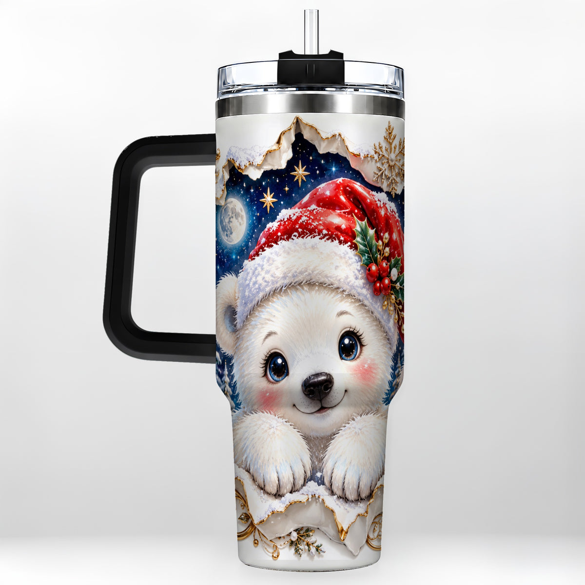 #pl[40oz|Black] Christmas Polar Bear 40oz Tumbler with Handle, Winter Bear Drinkware