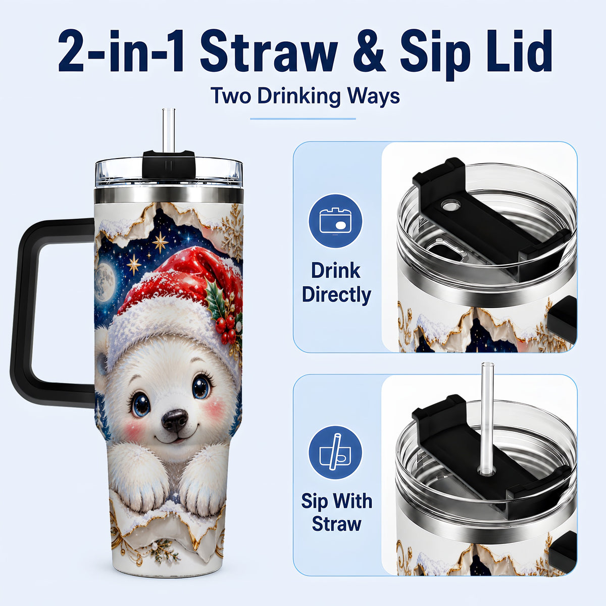 #pl[40oz|Black] Christmas Polar Bear 40oz Tumbler with Handle, Winter Bear Drinkware