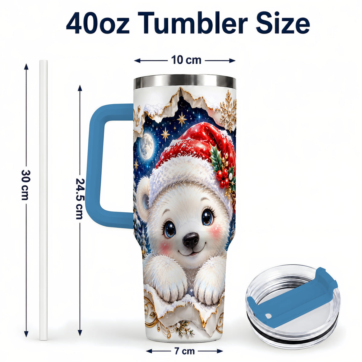 #pl[40oz|Blue] Christmas Polar Bear 40oz Tumbler with Handle, Winter Bear Drinkware