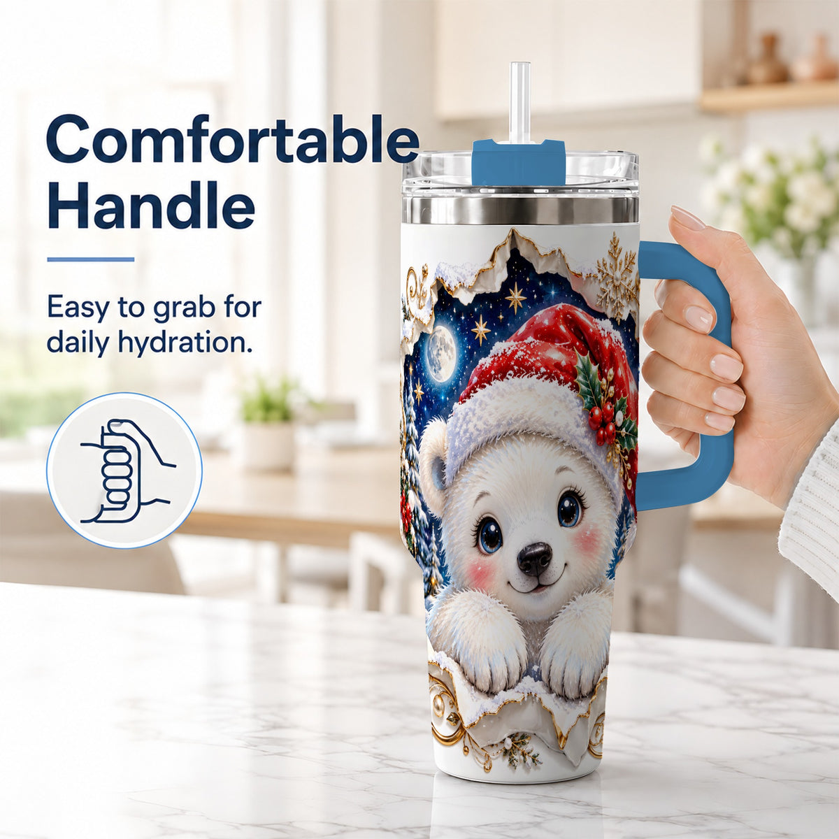 #pl[40oz|Blue] Christmas Polar Bear 40oz Tumbler with Handle, Winter Bear Drinkware