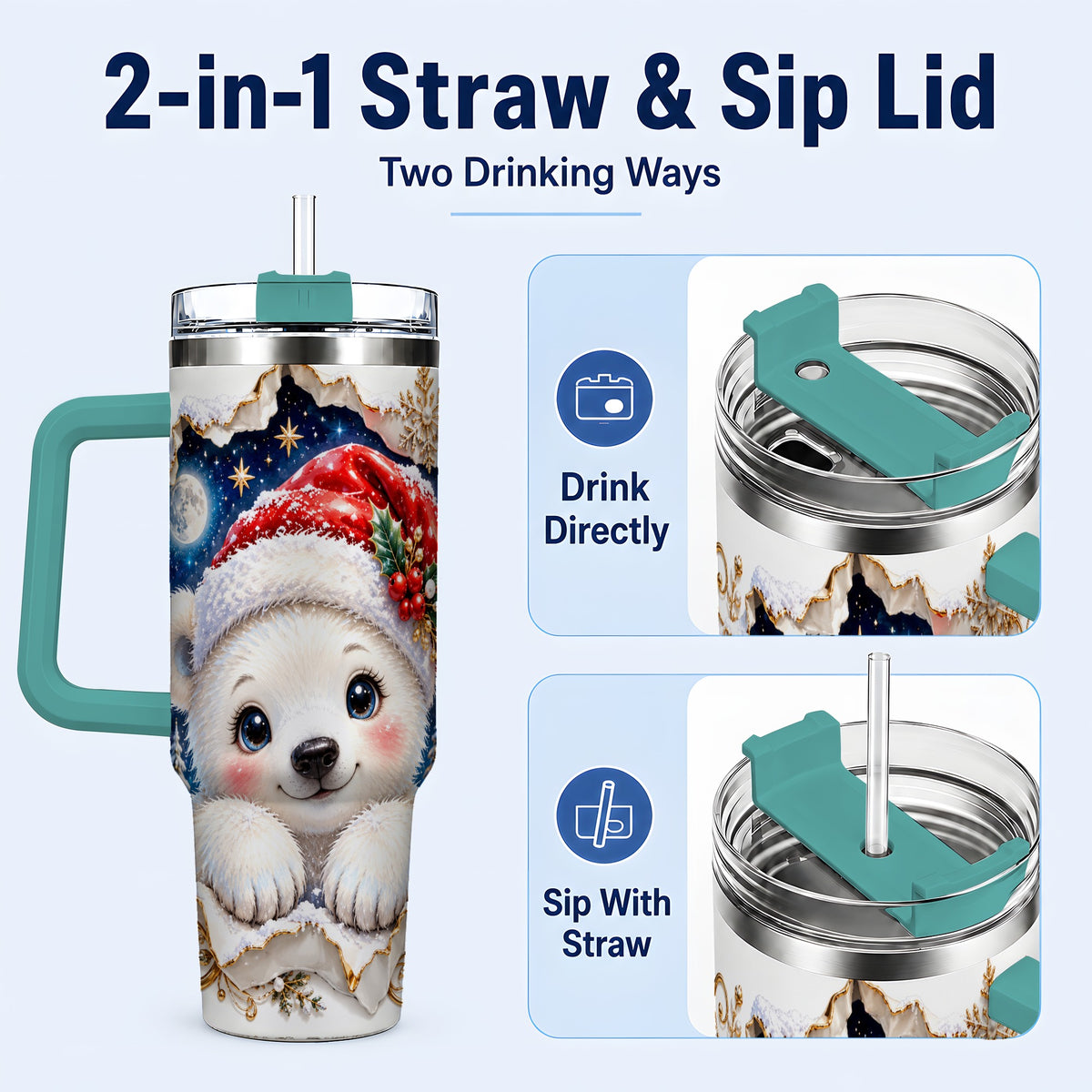 #pl[40oz|Green] Christmas Polar Bear 40oz Tumbler with Handle, Winter Bear Drinkware
