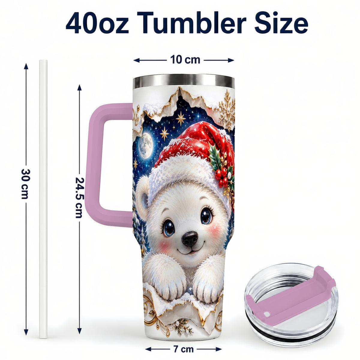 #pl[40oz|Pink] Christmas Polar Bear 40oz Tumbler with Handle, Winter Bear Drinkware