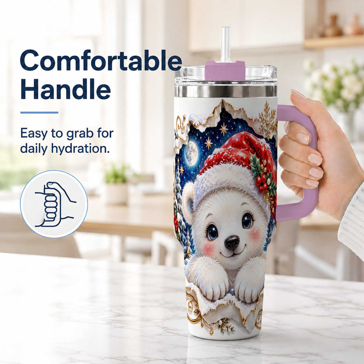 #pl[40oz|Pink] Christmas Polar Bear 40oz Tumbler with Handle, Winter Bear Drinkware