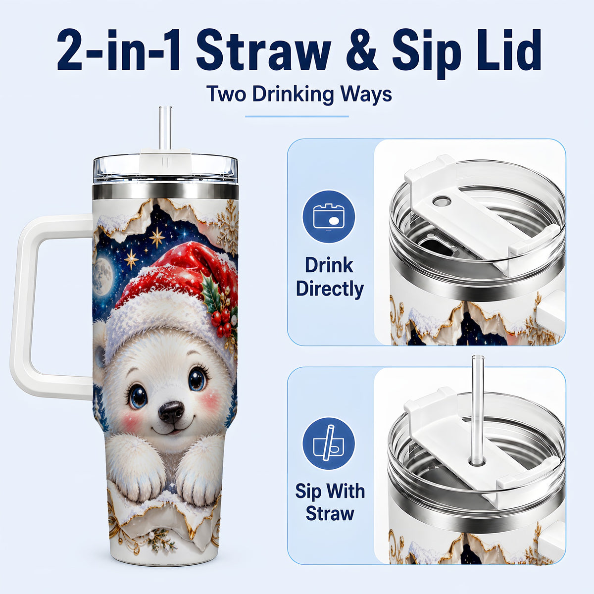 #pl[40oz|White] Christmas Polar Bear 40oz Tumbler with Handle, Winter Bear Drinkware
