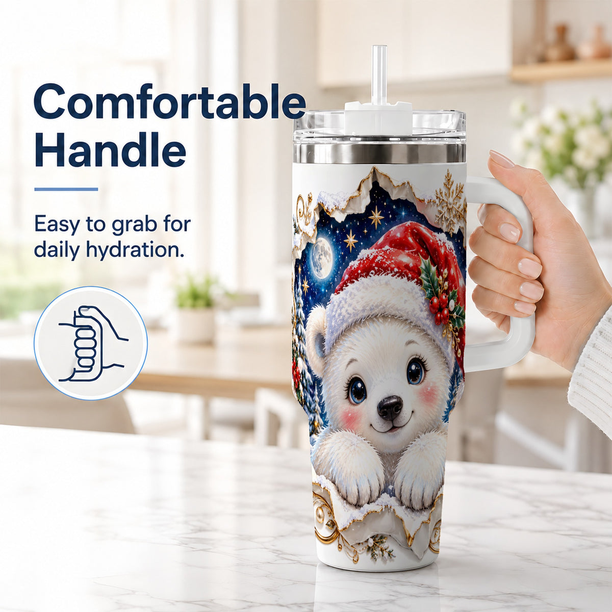 #pl[40oz|White] Christmas Polar Bear 40oz Tumbler with Handle, Winter Bear Drinkware