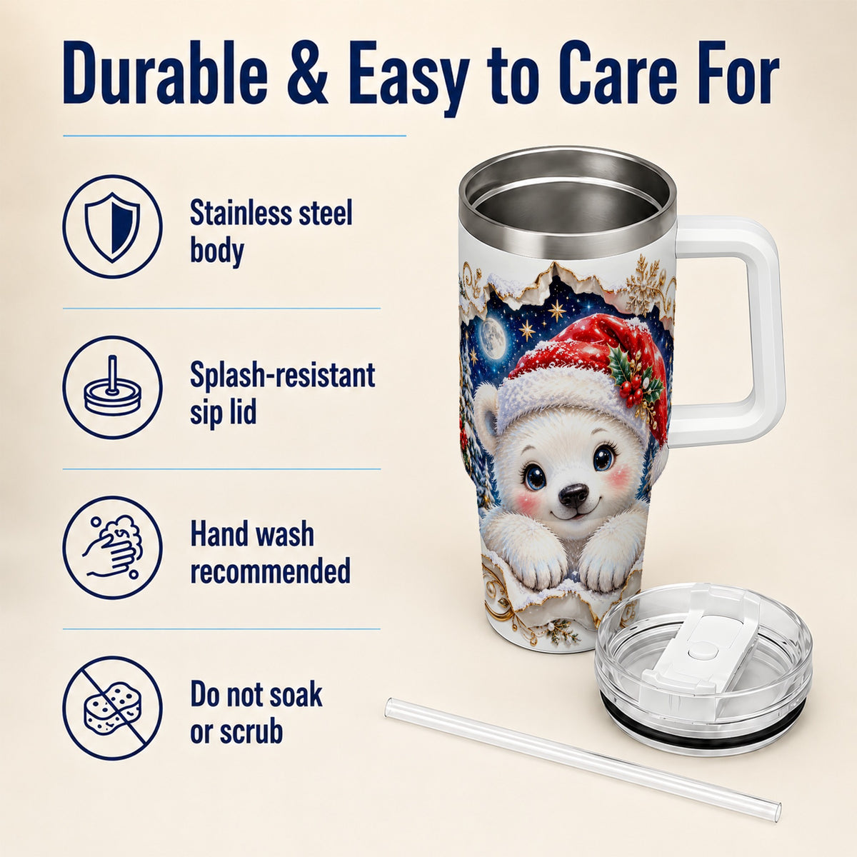 Christmas Polar Bear 40oz Tumbler with Handle, Winter Bear Drinkware
