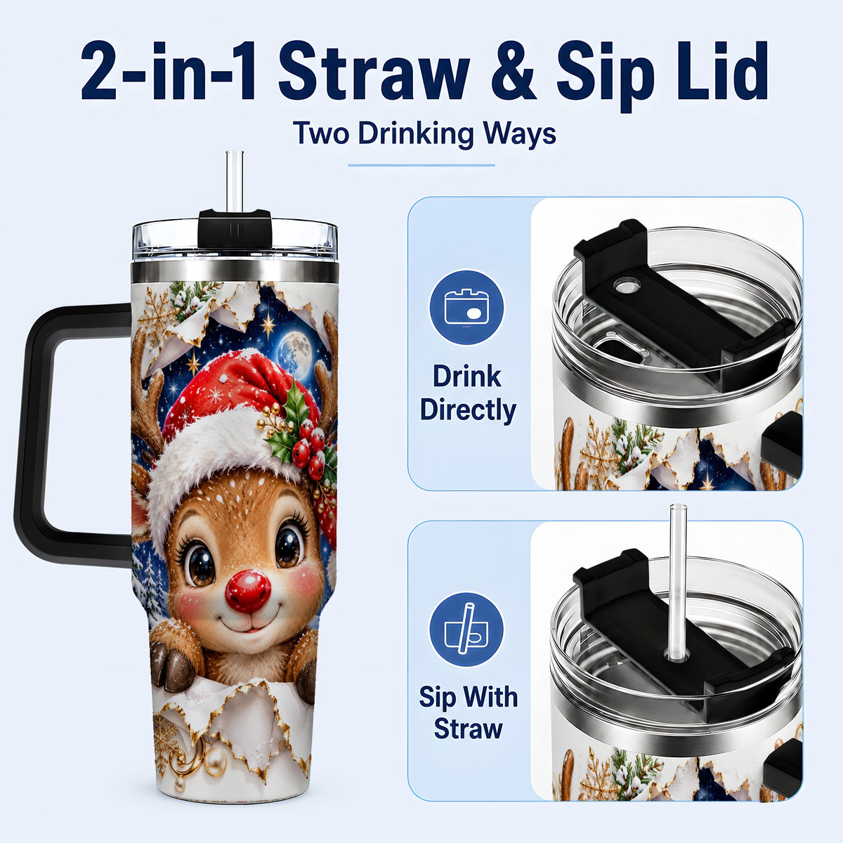 #pl[40oz|Black] Christmas Reindeer 40oz Tumbler with Handle, Woodland Deer Drinkware