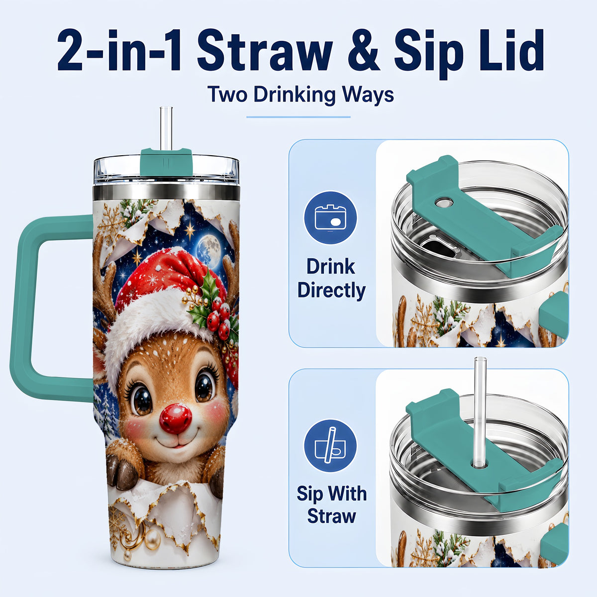 #pl[40oz|Green] Christmas Reindeer 40oz Tumbler with Handle, Woodland Deer Drinkware