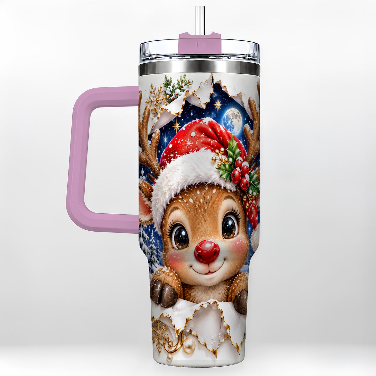 #pl[40oz|Pink] Christmas Reindeer 40oz Tumbler with Handle, Woodland Deer Drinkware